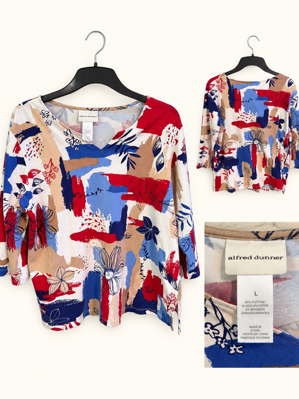 Alfred Dunner Red, Blue & Tan Abstract Floral V-Neck Tunic